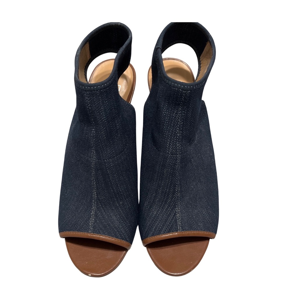 Franco Sarto Denim Peep Toe Block Heel Sandals Blue Stretch Shoes Size 8.5